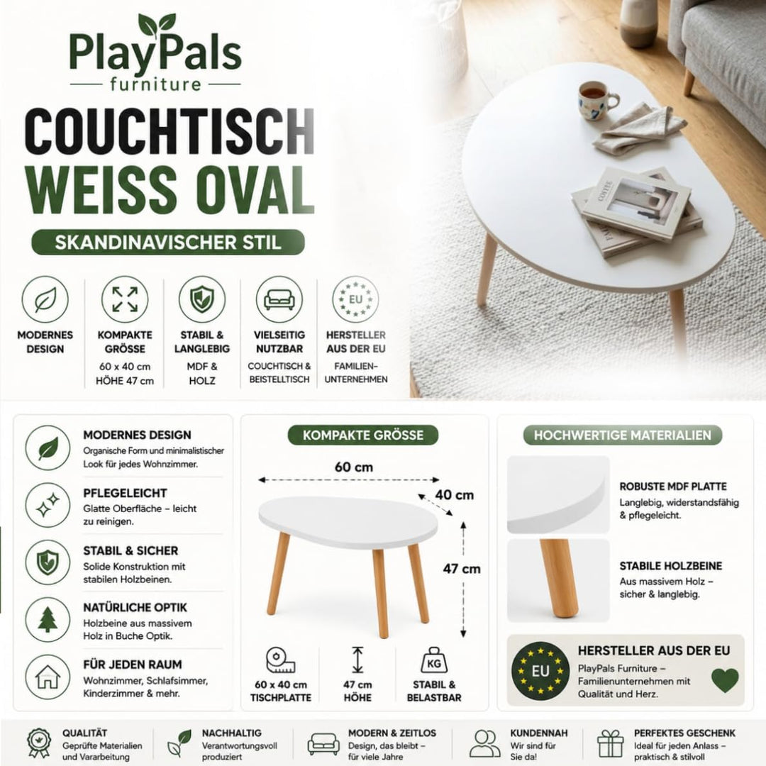 PlayPals Couchtisch Weiss 60x40 Oval Organisch – Skandinavischer Wohnzimmertisch Holzbeine, Kleiner