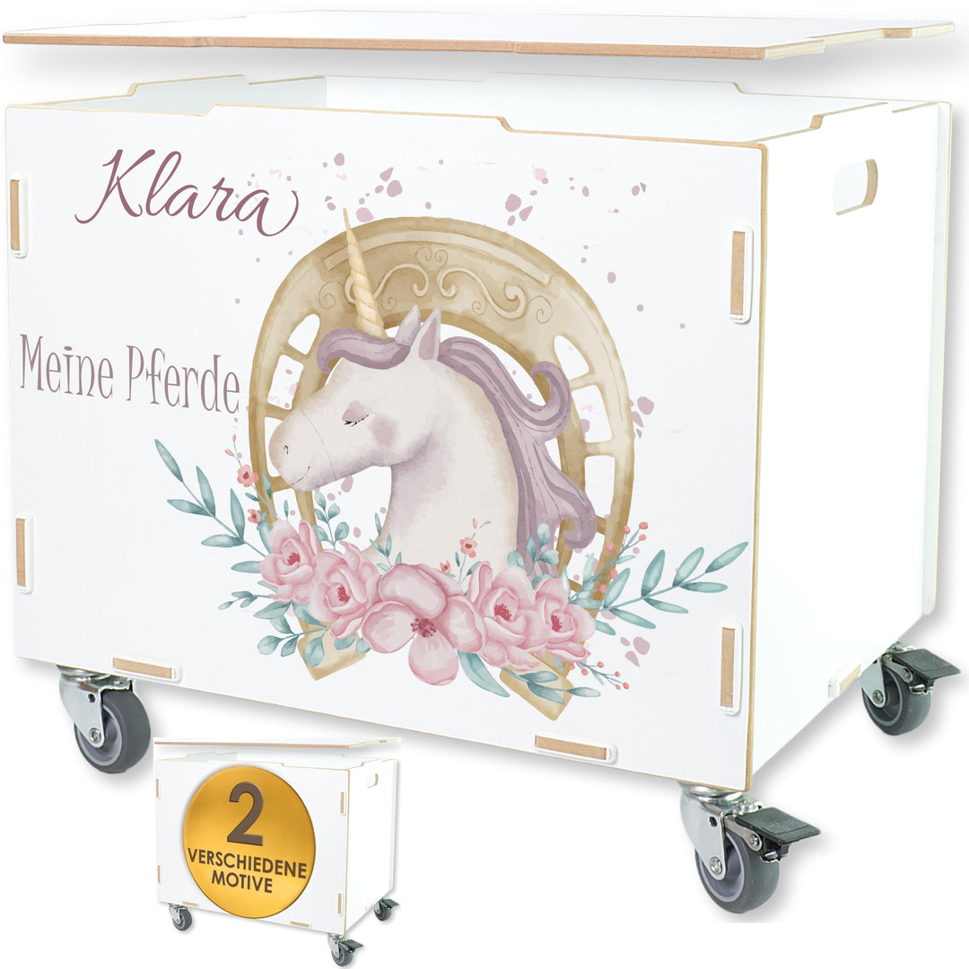 Peronalisierbare Aufbewahrungsbox mit Einhorn Mädchen-Motiv (33x45,5x34,5cm + 6cm Räder-Höhe) Aufbew