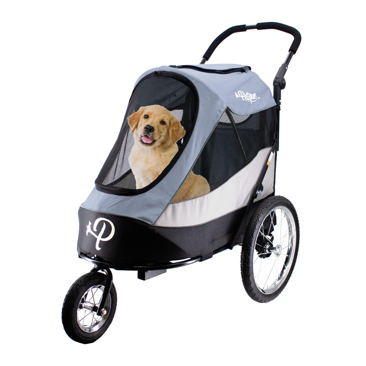 Petique Trailblazer Jogger Hundebuggy Space Gray mit Reifenpumpe, Regenhülle, Fahrrad-Adapter &amp; Sich