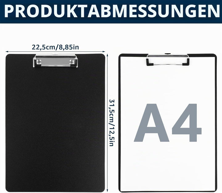 Kunststoff-Klemmbrett A4 mit Metallklemme und Aufhängeöse, schwarze Zwischenablage für Schule, Zuhau