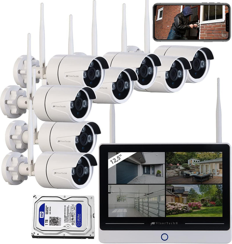 VisorTech Überwachungs Set: Funk-Überwachungssystem mit Display, HDD-Rekorder, 8 IP-Kameras, 1 TB (Ü