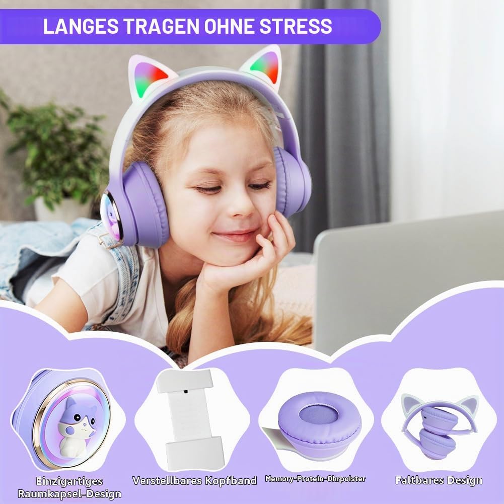 AXFEE Kinder-Kopfhörer, 5.3 Bluetooth Over-Ear mit LED-Leuchten, Lautstärke Begrenzt 105 dB, Stereo