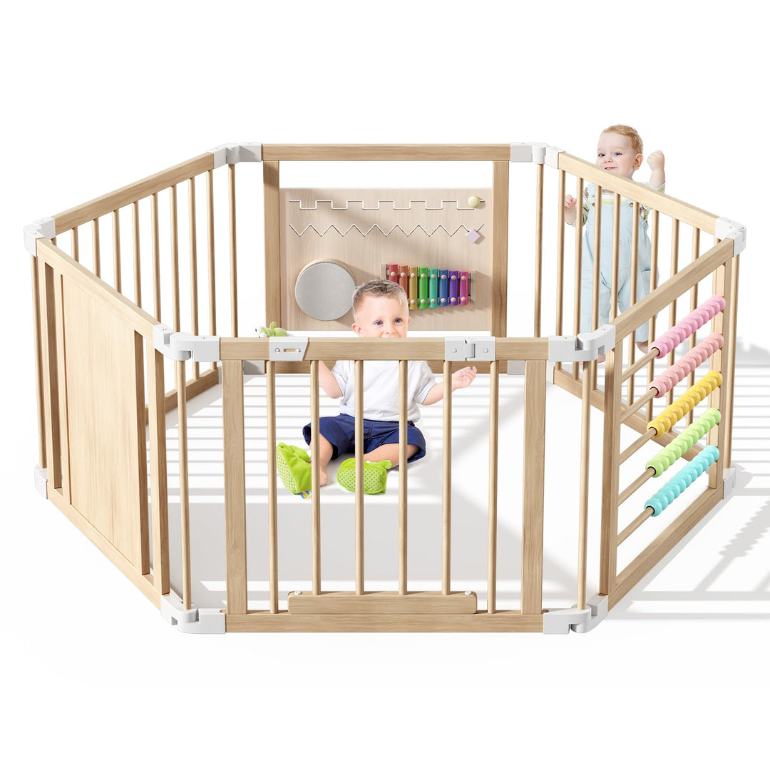 160x80x61cm Baby Laufgitter klappbar Laufstall Holz Kinder Activity Center mit Tür, musikalischem Sp