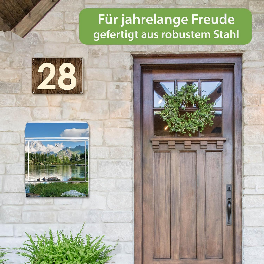 banjado® Design Briefkasten mit Motiv Gebirgssee 39x47x14cm &amp; 2 Schlüssel - Briefkasten Stahl weiss
