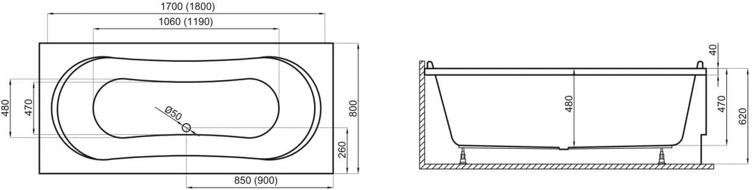 KOLMAN Badewanne LONG Rechteck 170x80 mit AcrylSchürze, Ablaufgarnitur und Füssen Komplettset 4in1 P