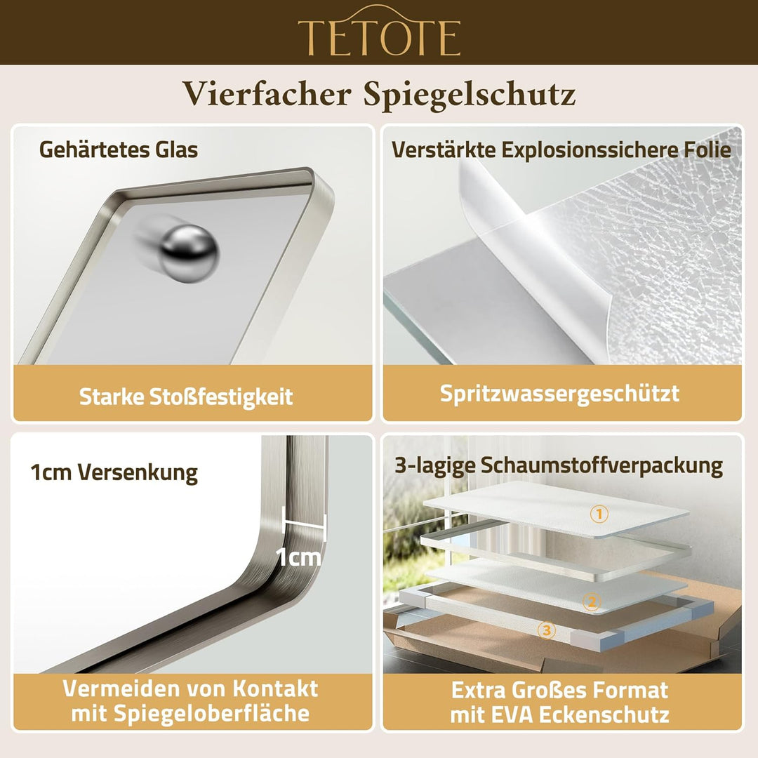 TETOTE 152x90cm Wandspiegel Nickel Ohne Beleuchtung, Rechteckig Badspiegel mit Runder Ecke, Metallra