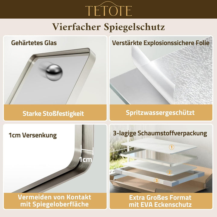 TETOTE 152x90cm Wandspiegel Nickel Ohne Beleuchtung, Rechteckig Badspiegel mit Runder Ecke, Metallra