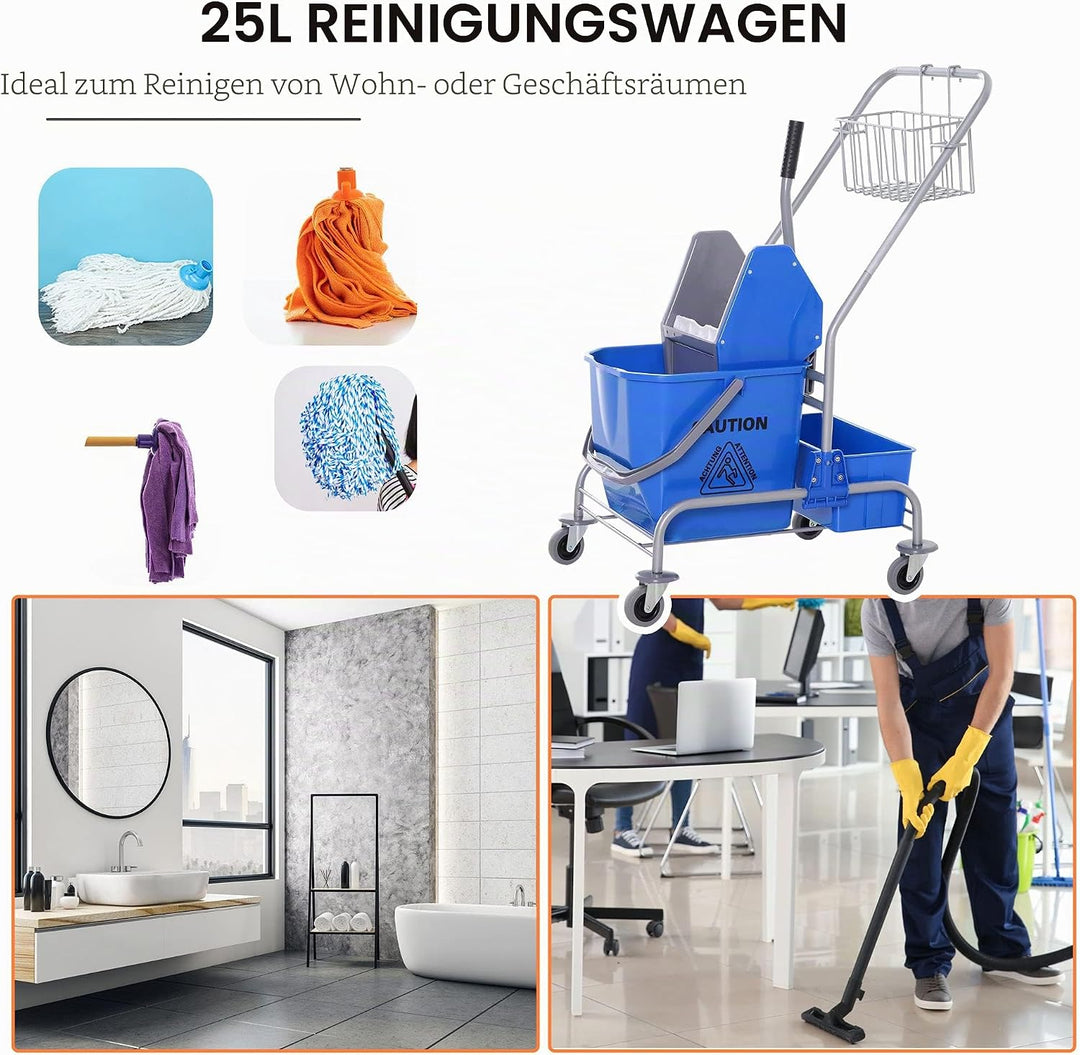 HOMCOM Putzwagen Reinigungswagen Fahreimer Putzeimer 25 Liter Wischwagen mit Wringer, Haken für Mopp