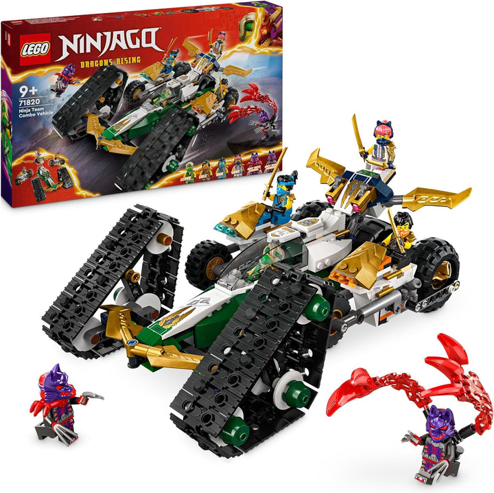 LEGO NINJAGO Kombi-Raupe des Ninja-Teams, 4-in-1-Set mit Gleiter, Rennauto und 2 Motorrädern und 6 M