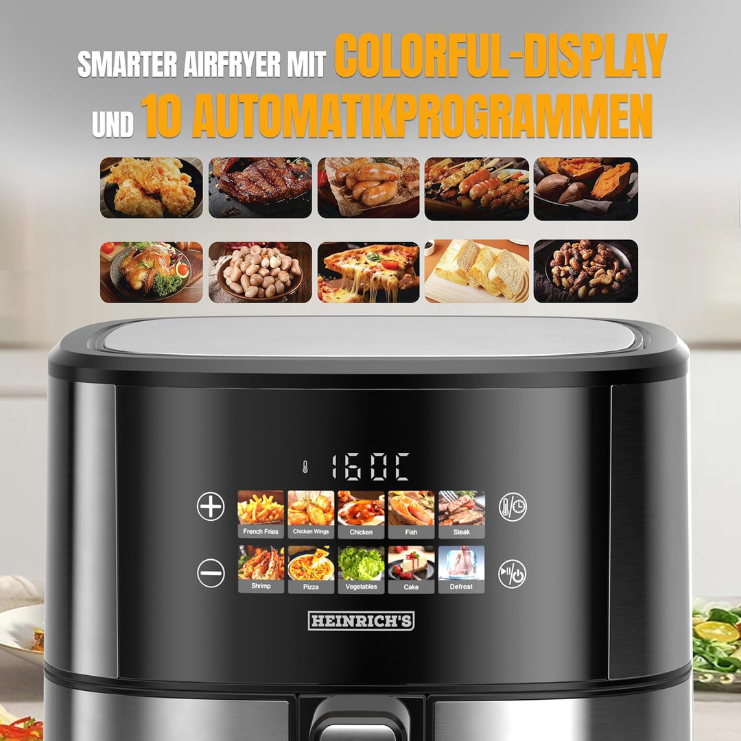 HEINRICHS Heissluftfritteuse, 6,5 Liter XXL Air Fryer, 10in1 Airfritteuse, LED-Color-Display mit Sen