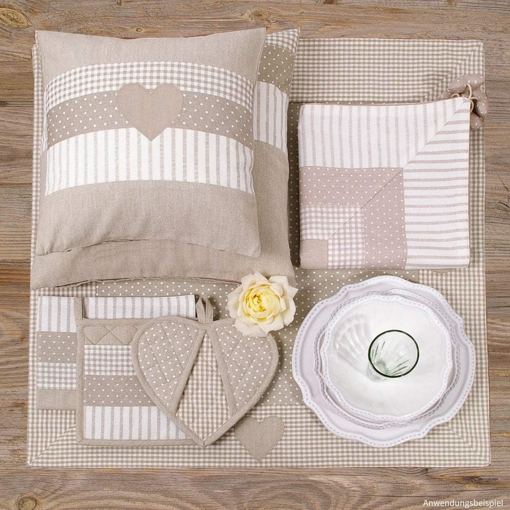 Brotkorb Stoff LINA 20x20 cm - Eckiger Brötchenkorb in beige mit Herzen & kariert - Nachhaltig aus 1