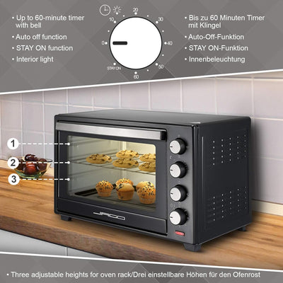 Jago® Minibackofen mit Umluft - 30/48/60L, 1600/2000W, 100 bis 230°C, Timer (0-60 Min), mit Drahtgit