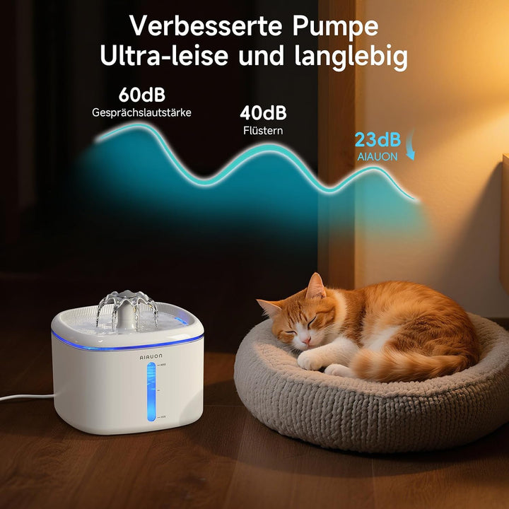 Trinkbrunnen für Katze, 2,5L Katzenbrunnen Leise mit 2 Ersatzfiltern und LED-Wasserstandsfenster für