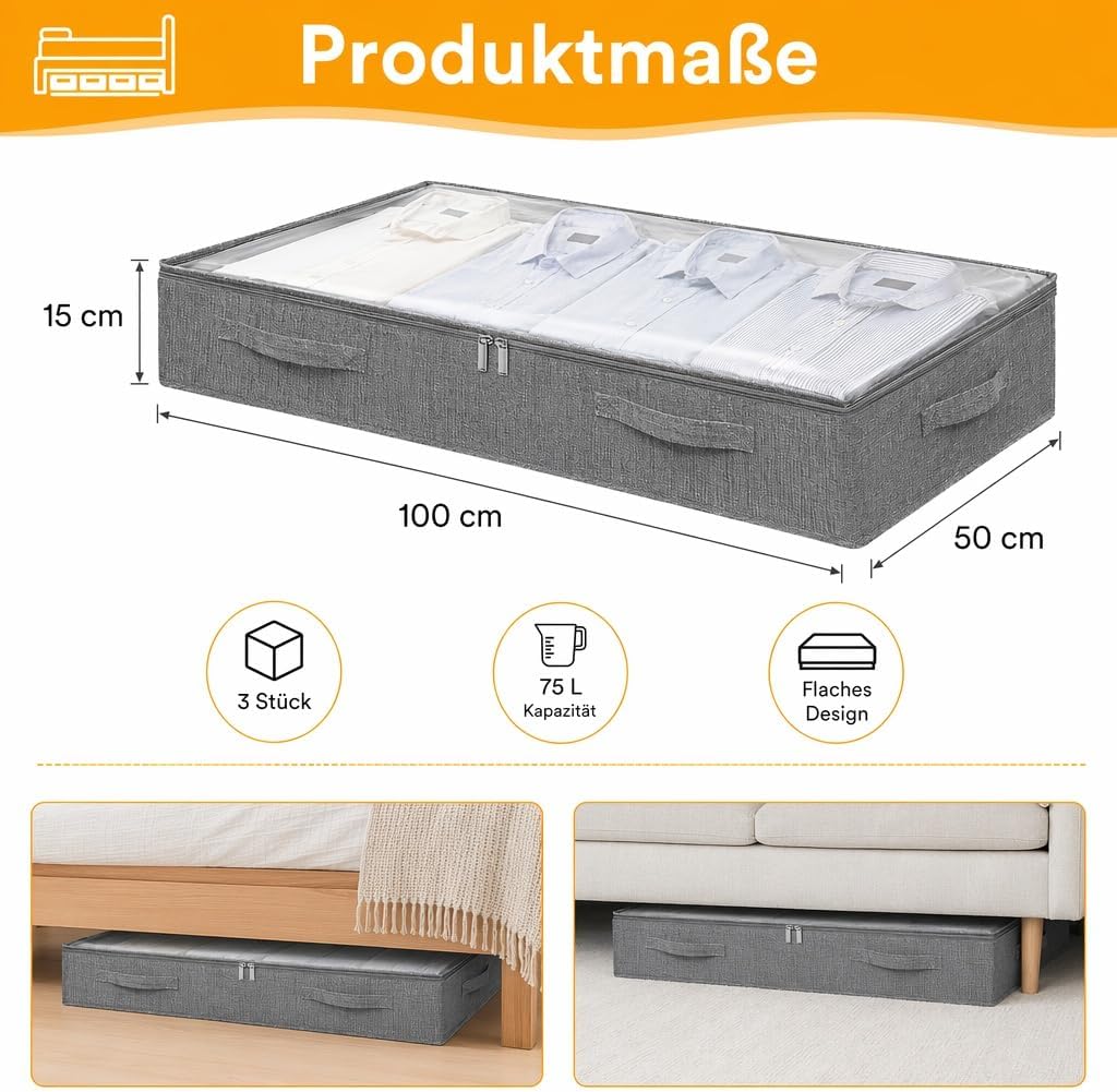3 Stück Unterbett Aufbewahrungsbox, 75L Flache Box Reissverschluss Faltbarer | Unterbettboxen aus Le