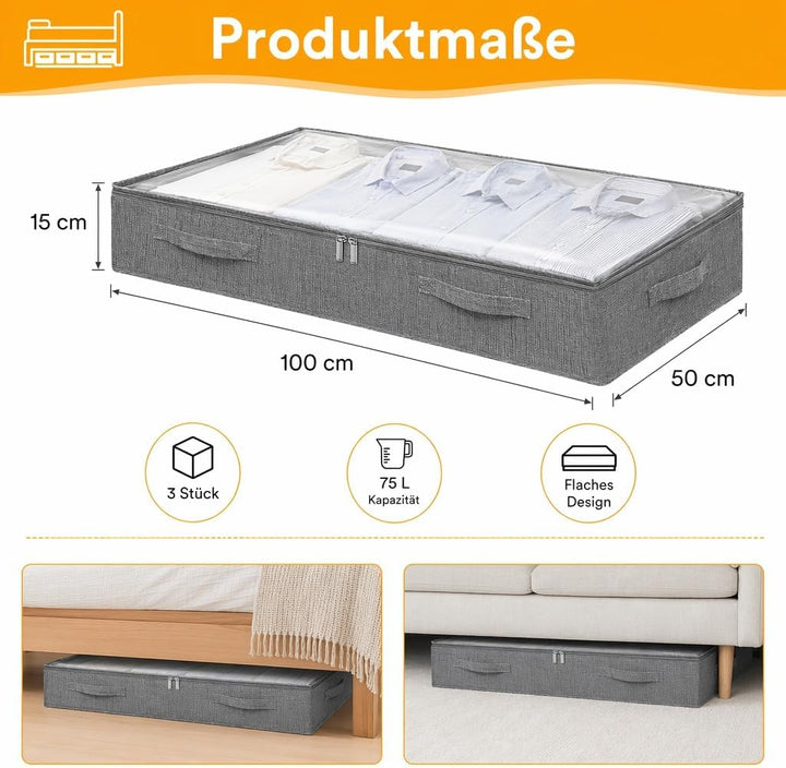 3 Stück Unterbett Aufbewahrungsbox, 75L Flache Box Reissverschluss Faltbarer | Unterbettboxen aus Le