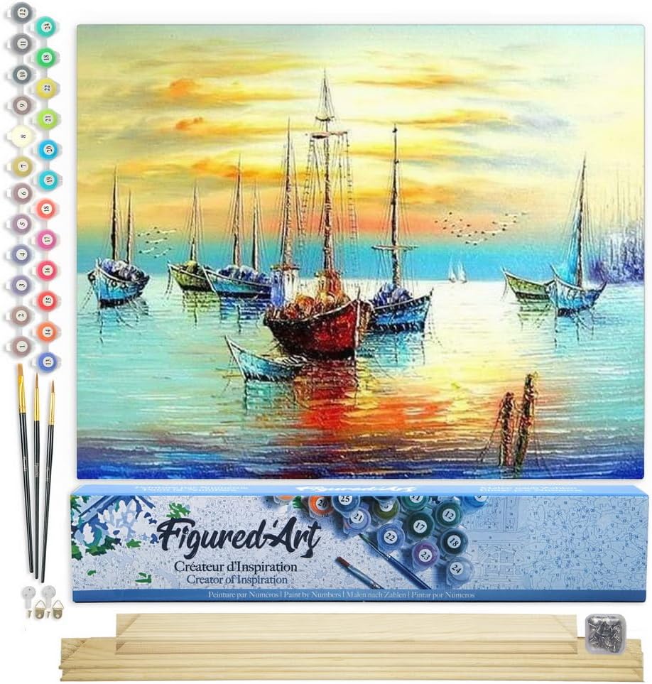 Figured'Art Malen Nach Zahlen Erwachsene Mit Rahmen Segelboote an der Küste - Paint by Numbers Baste