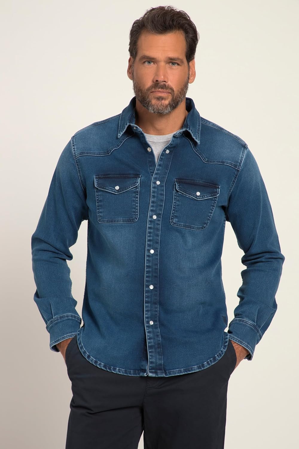 JP 1880 Herren grosse Grössen Übergrössen Menswear L-8XL Jeanshemd, FLEXNAMIC®, Denim, Langarm, Kent