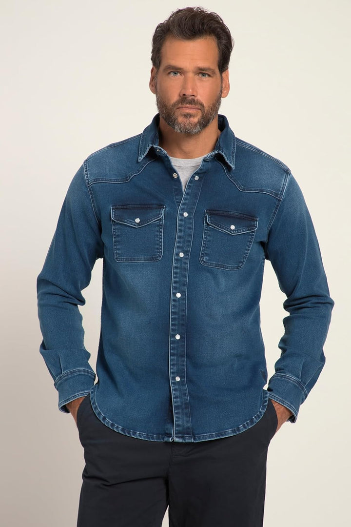 JP 1880 Herren grosse Grössen Übergrössen Menswear L-8XL Jeanshemd, FLEXNAMIC®, Denim, Langarm, Kent