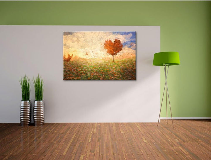Pixxprint Herzbaum auf Wiese Pinsel Effekt, Format: 100x70 auf Leinwand, 100x70