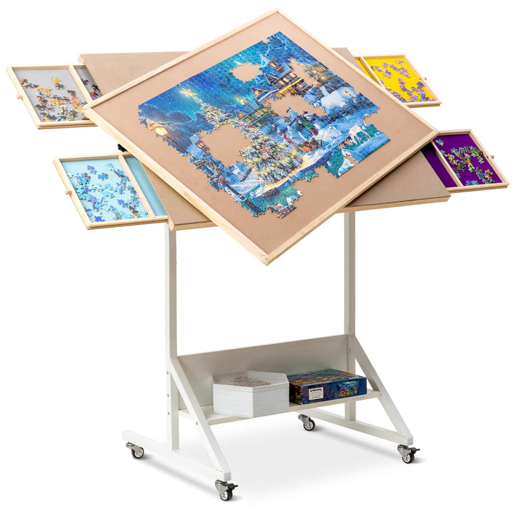 Becko US 1500 Teile Kippbarer & Drehbarer Puzzletisch mit Schubladen & Abdeckung, Faltbares & Tragba