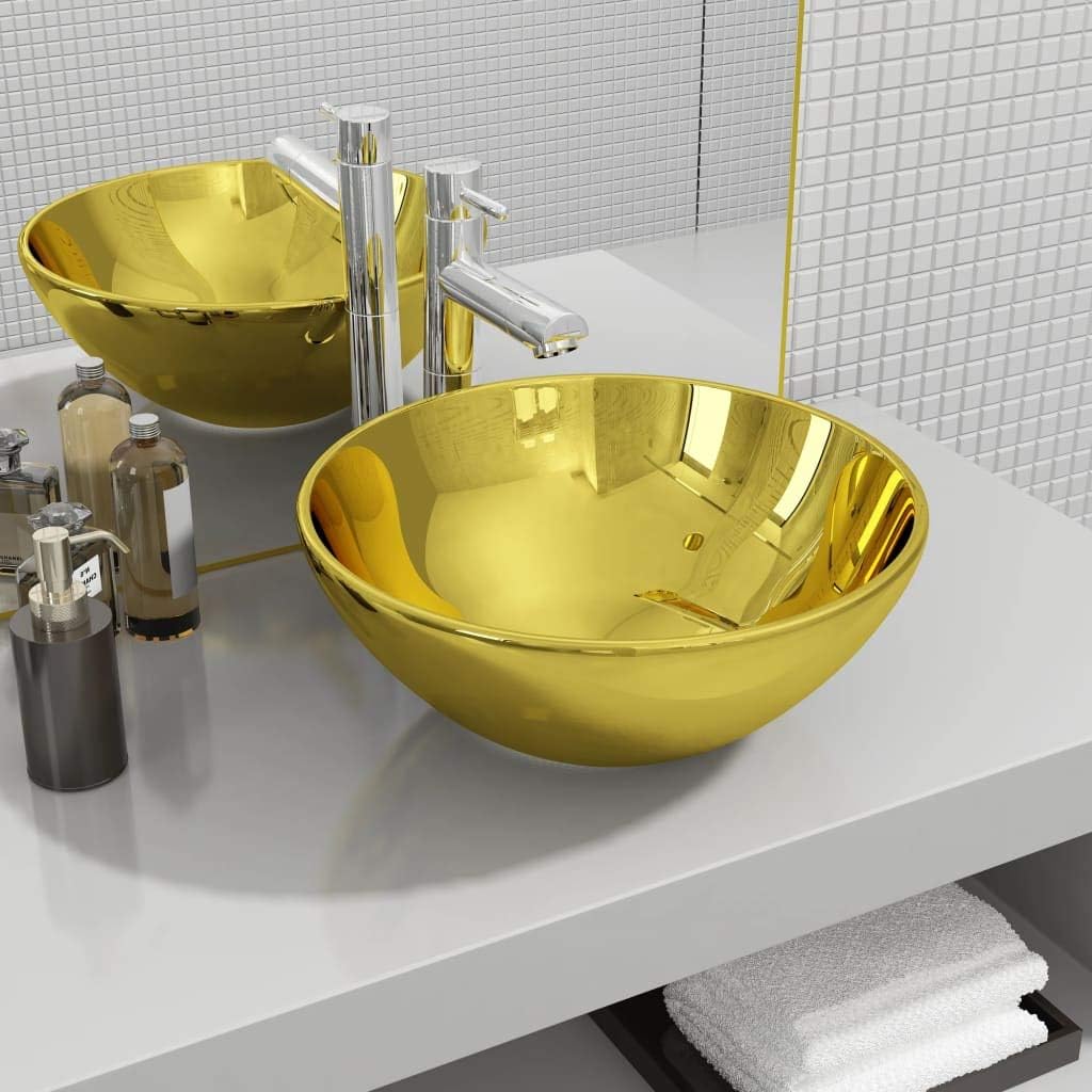 WIFESE Waschbecken 32,5x14 cm Keramik Golden Aufsatzwaschbecken Eckig Waschbecken Gäste WC Badezimme