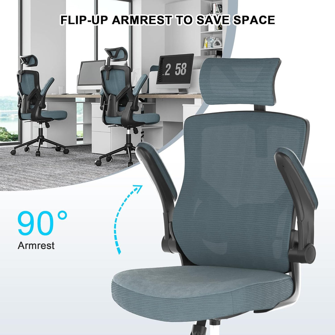 CYKOV Bürostuhl Ergonomisch, PC Stuhl mit Verstellbarer Kopfstütze &amp; Klappbaren Armlehnen, Schreibti
