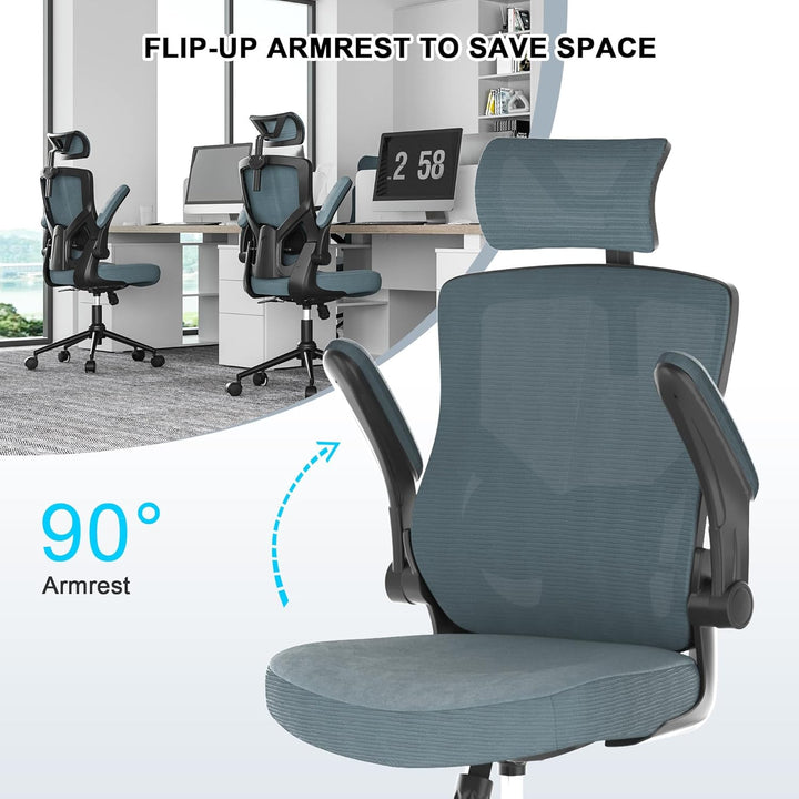 CYKOV Bürostuhl Ergonomisch, PC Stuhl mit Verstellbarer Kopfstütze &amp; Klappbaren Armlehnen, Schreibti