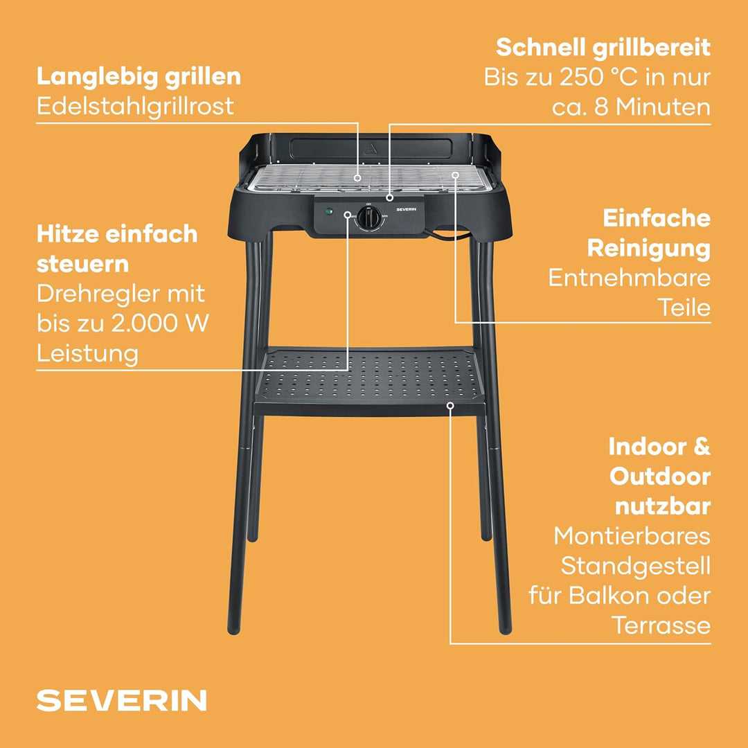 Severin Elektrogrill mit Standfuss, einstellbare Temperatur 35-200 Grad Celsius, schnelles Aufheizen