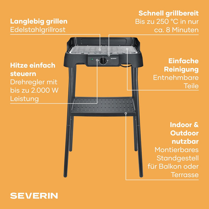 Severin Elektrogrill mit Standfuss, einstellbare Temperatur 35-200 Grad Celsius, schnelles Aufheizen