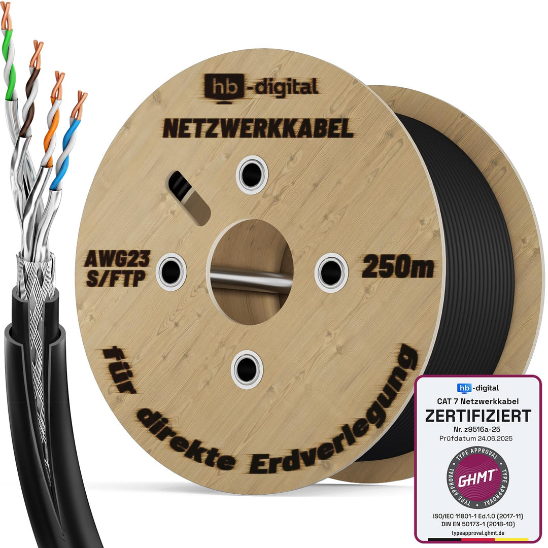 HB-DIGITAL 250m CAT 7 Outdoor Netzwerkkabel für direkte Erdverlegung S/FTP AWG23/1 reines Kupfer Dop