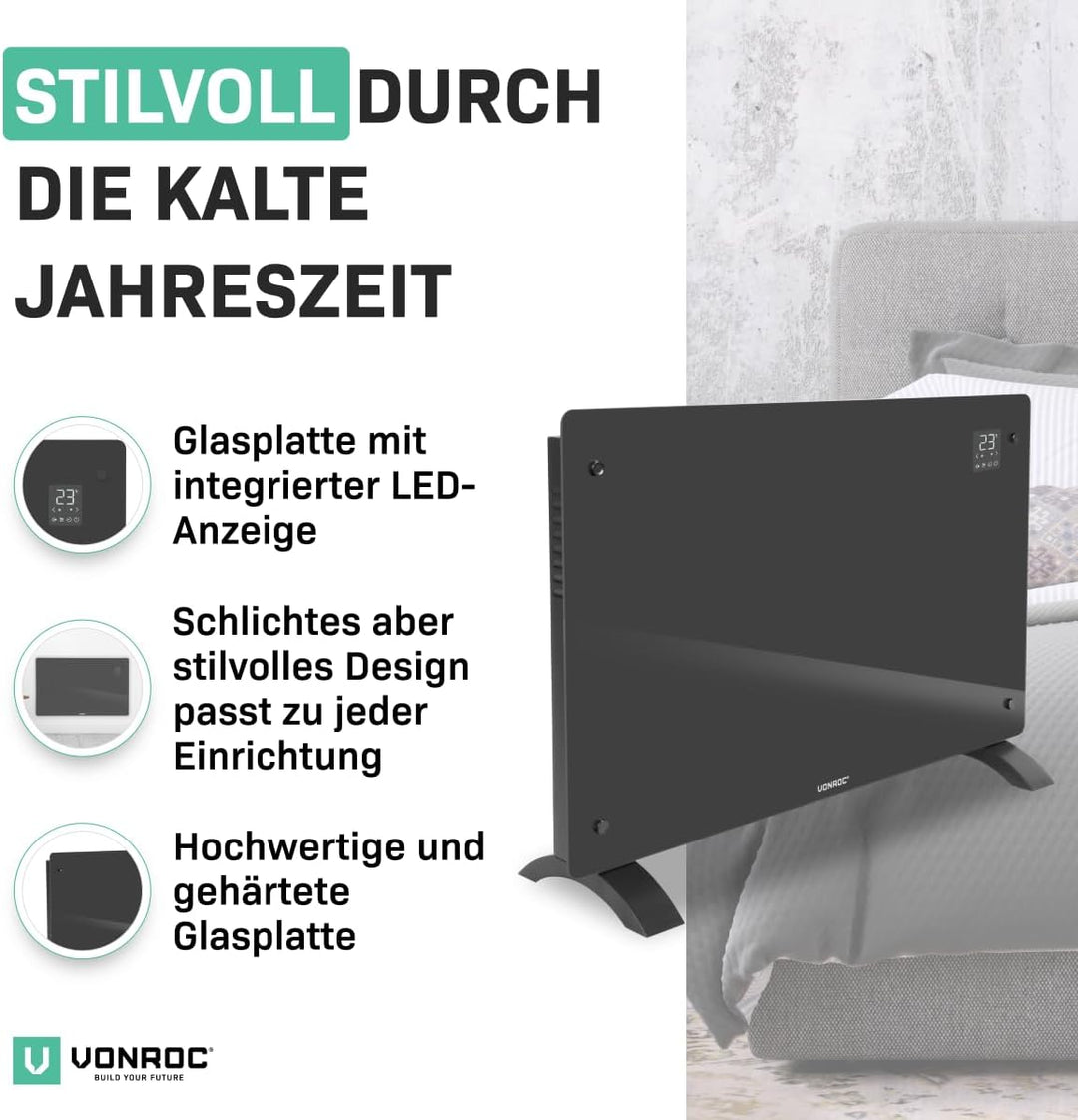 VONROC Elektroheizung energiesparend 2000W - Konvektor Heizung [24qm Räume] - Mobile Elektrische Hei