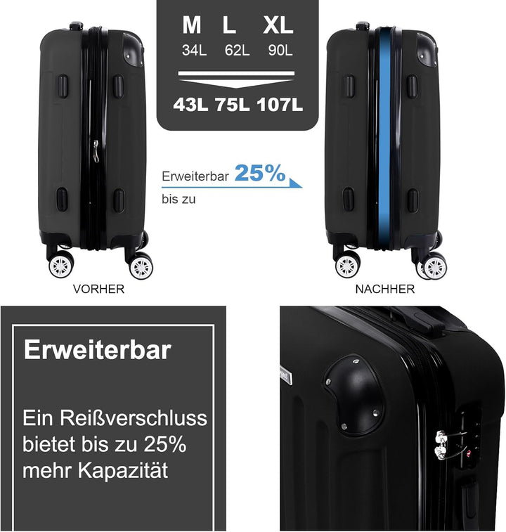 3er Kofferset - Robuste ABS- Hartschalenkoffer, TSA-Zahlenschloss, erweiterbare Kapazität - in M, L,