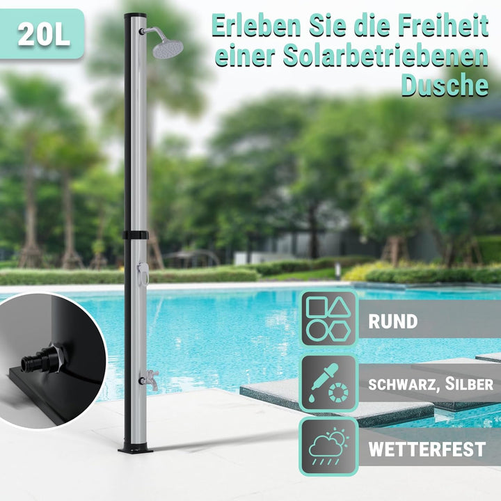 HAGO Solardusche | 20L | rund | Schwarz/Silber | Pooldusche | Campingdusche | Gartendusche | Outdoor