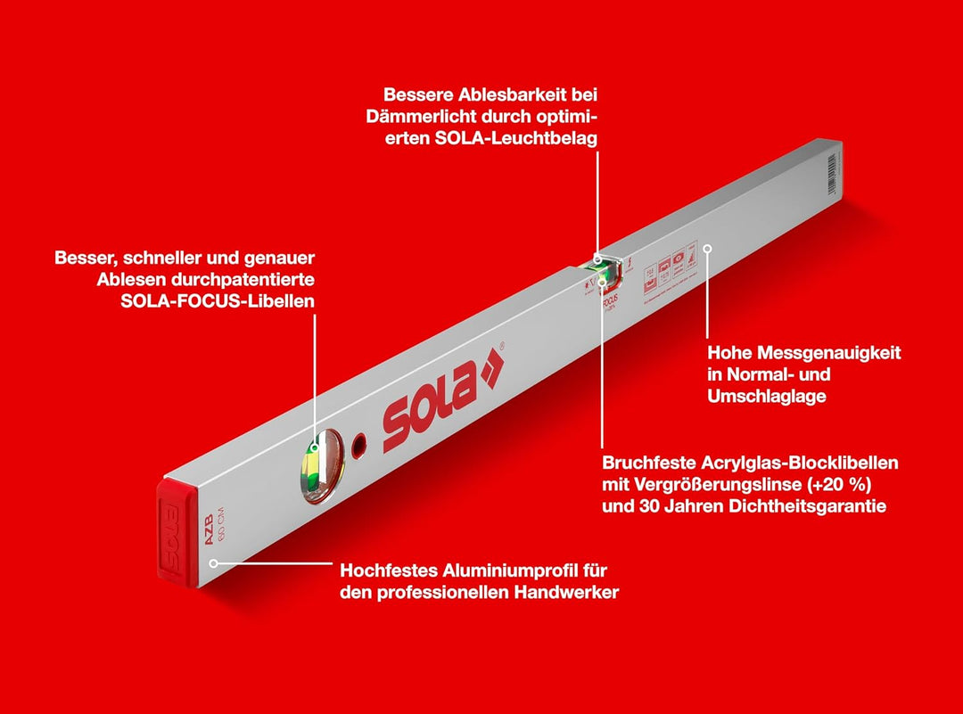 SOLA Wasserwaage AZB silbereloxiert Länge 600 mm, Rot, 600 mm