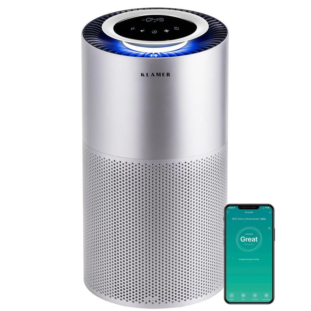 KLAMER Luftreiniger 600i mit HEPA Filter, CADR Spitzenleistung von 450 m³/h, für Räume bis 55m², ent
