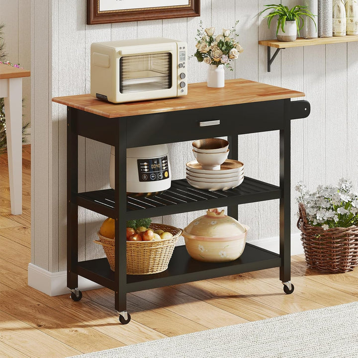 COSTWAY Küchenwagen, Mobile Kücheninsel mit Arbeitsplatte, 3-stöckiger Küchenrollwagen mit 2 offenen