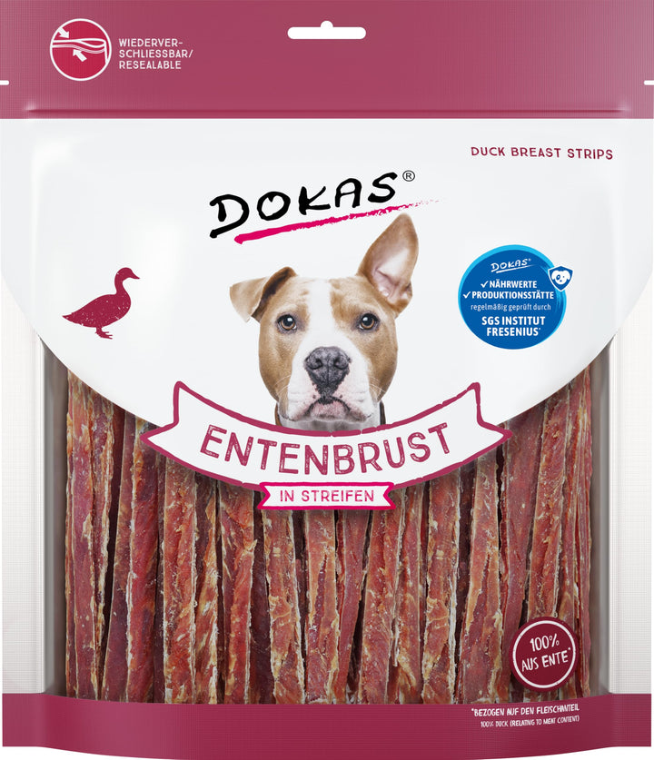 DOKAS Getreidefreier Premium Snack in Streifen für Hunde – Aus Entenbrustfilet, 500 g (6er Pack) Sin