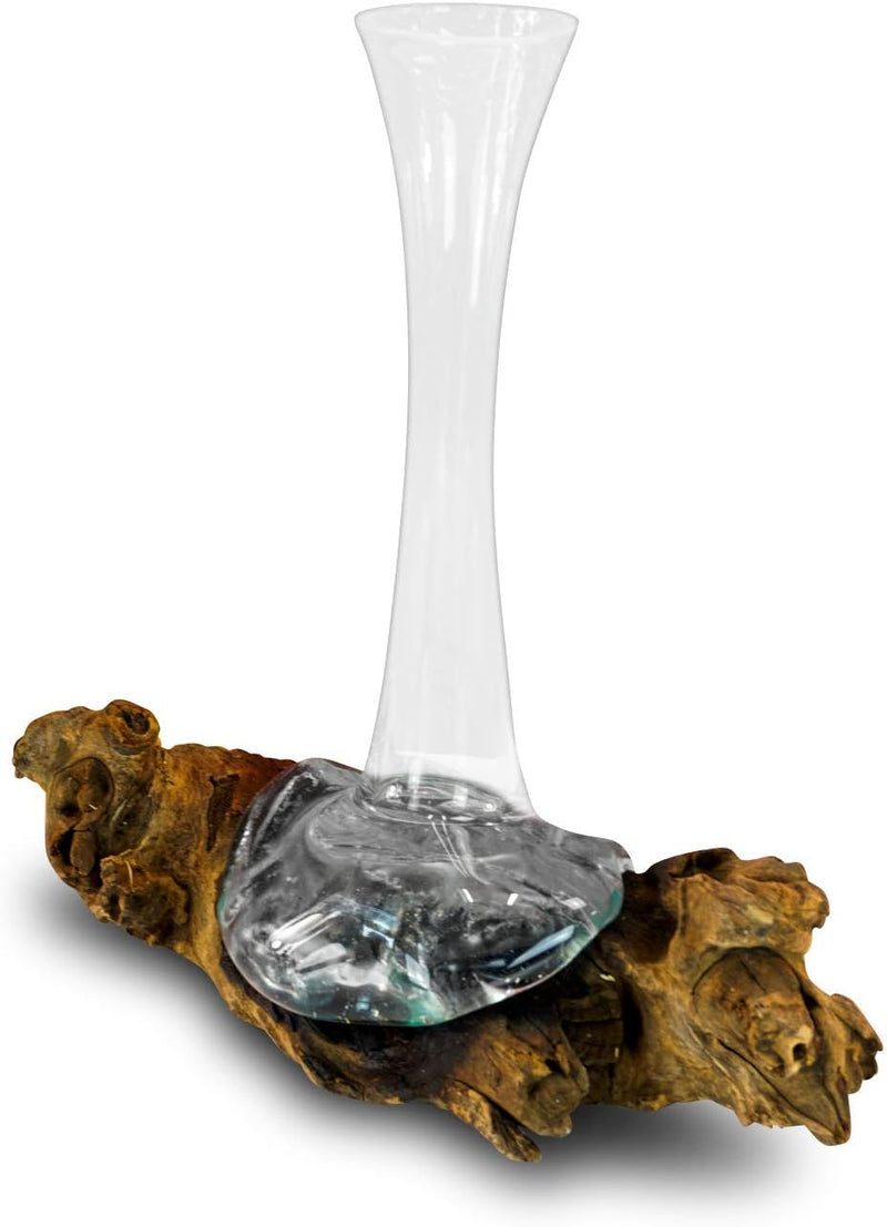Geschmolzenes Glas auf Wurzelholz - Glasschale auf Wurzel - Teak Holz mit Glasvase oder Schale (Vase