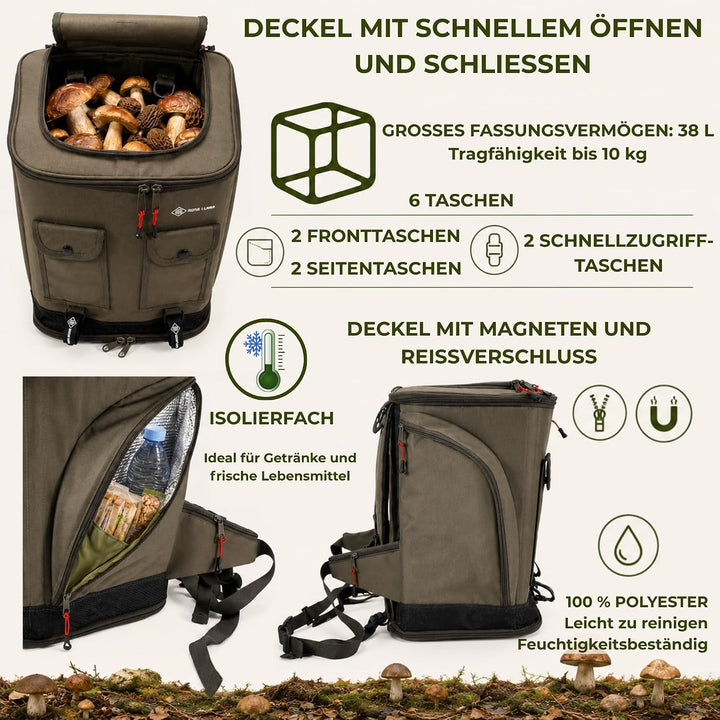 Pilz Tasche [38L Volumen &amp; Belüftetes Mesh-System] | Pilztasche mit stabiler Struktur &amp; Tragesystem