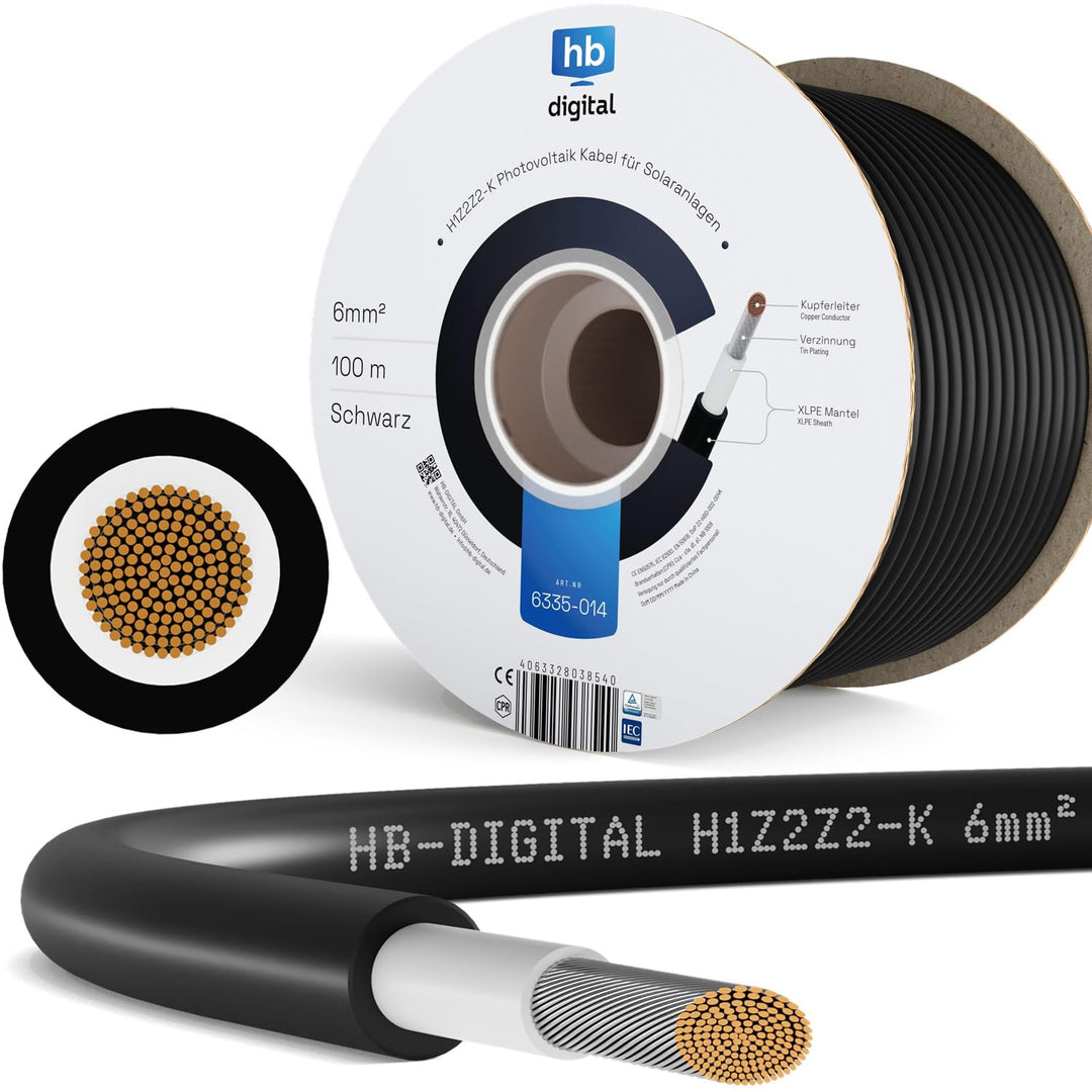 hb-digital 100m Solarkabel H1Z2Z2-K TÜV Rheinland geprüft 6mm2 UV-beständig flexibel PV Kabel Reines