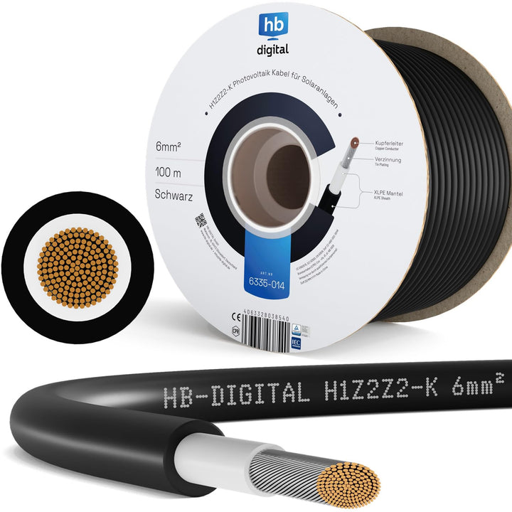 hb-digital 100m Solarkabel H1Z2Z2-K TÜV Rheinland geprüft 6mm2 UV-beständig flexibel PV Kabel Reines
