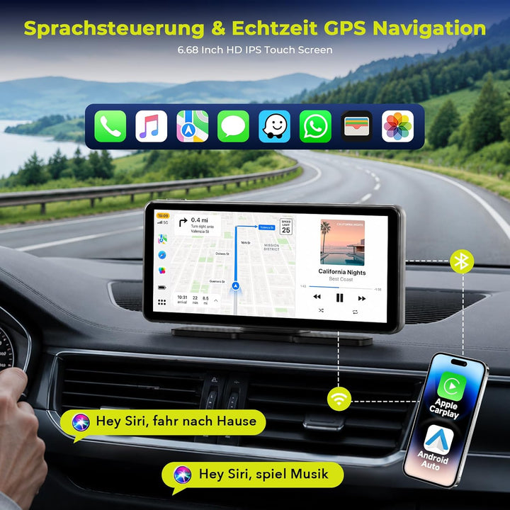 LAMTTO Wireless CarPlay Android Auto Display mit Dashcam 2,5K+1080P, Tragbares 6,86 Zoll HD Touchscr