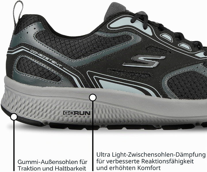 Skechers Herren Go Run Consistent Sneaker 43 EU Black Leather Synthetic Gray Trim, 43 EU Black Leath