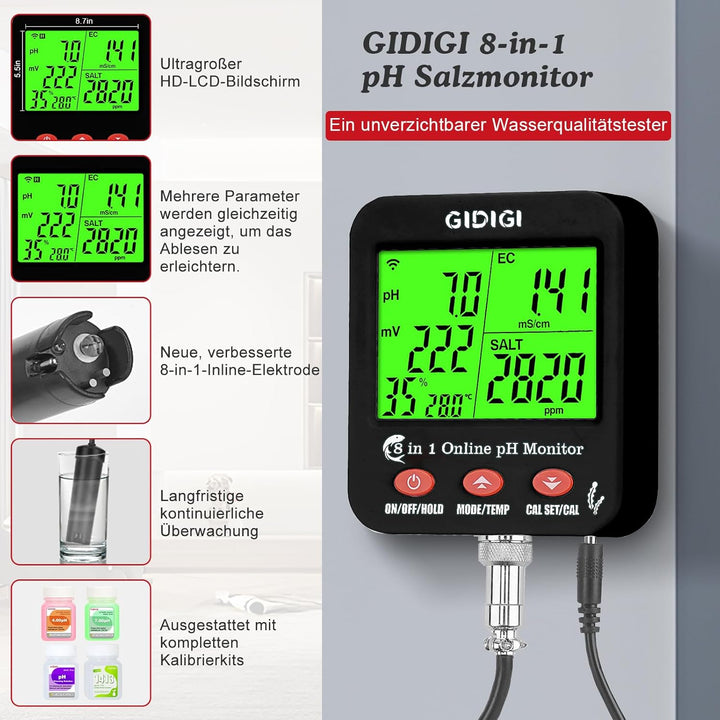8-in-1 WiFi Water Smart pH/EC/TDS/Salz Messgerät mit ORP, Feuchtigkeits und Temp, Digitaler Hydrokul