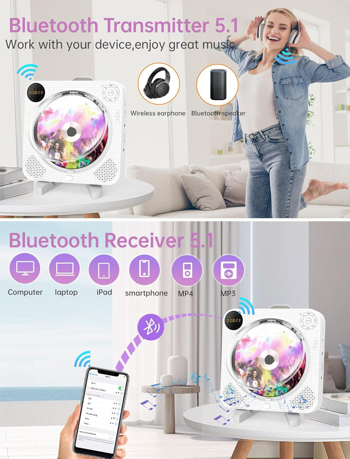 DESOBRY CD Player Bluetooth mit HiFi Lautsprechern, UKW-Radio Boombox mit Fernbedienung, LED Bildsch