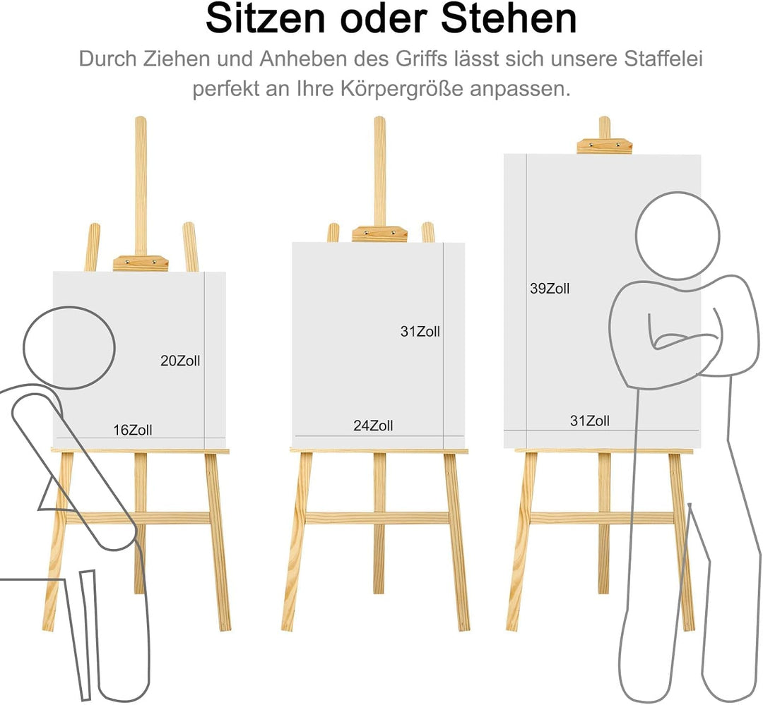 Grosse Holz-Atelierstaffelei, 150cm Höhenverstellbare Kiefernholz-Dreibein-Staffelei für Malerei – F