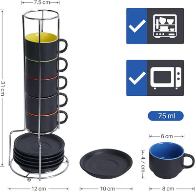 MIAMIO - 6 x 75 ml Espressotassen Set/Espresso Tassen Set mit Untertasse & Ständer - Kaffeetassen Se