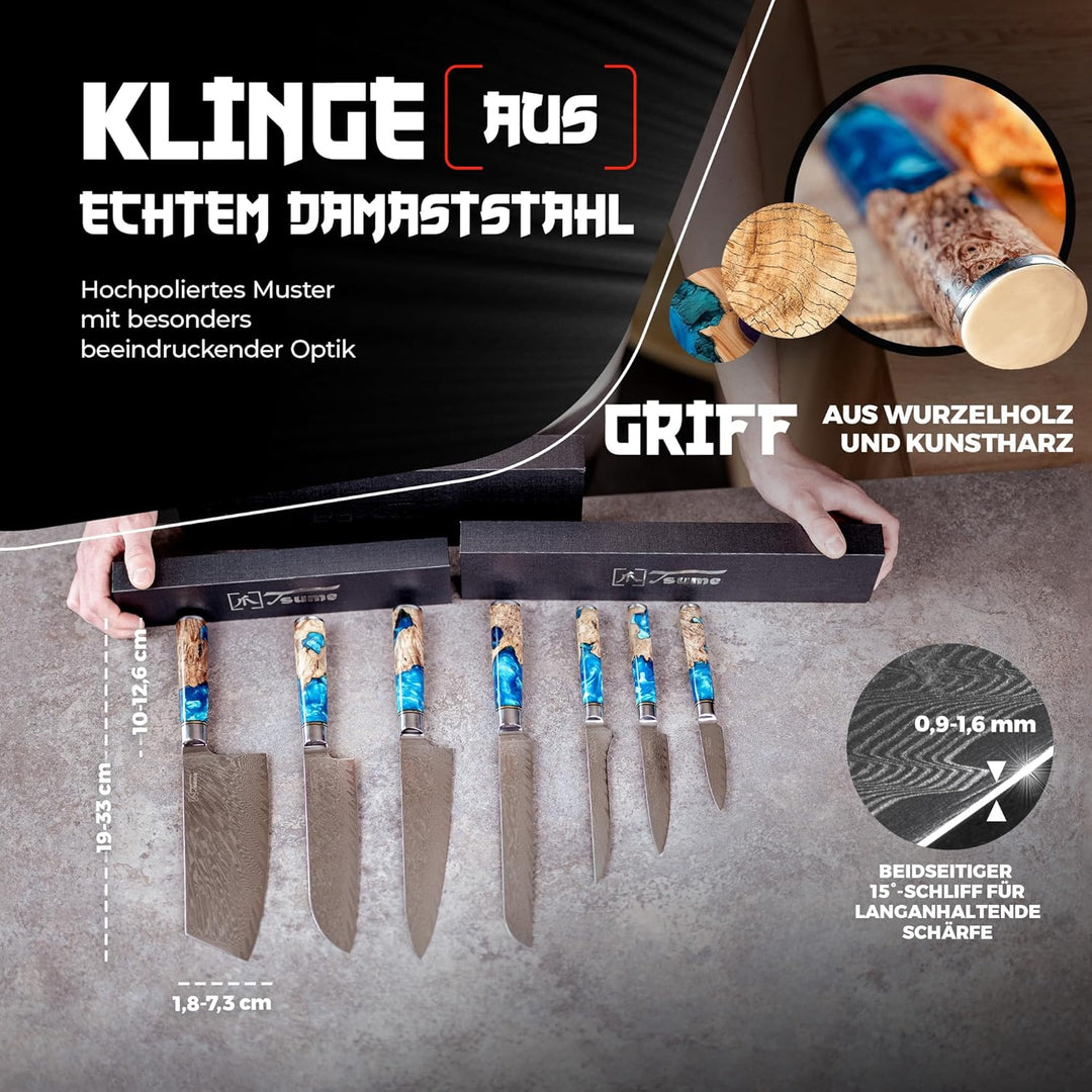Tsume Profi Set Saphir, Messerset mit 7 Premium Küchenmessern, Echte Damast Küchenmesser, 67 Schicht