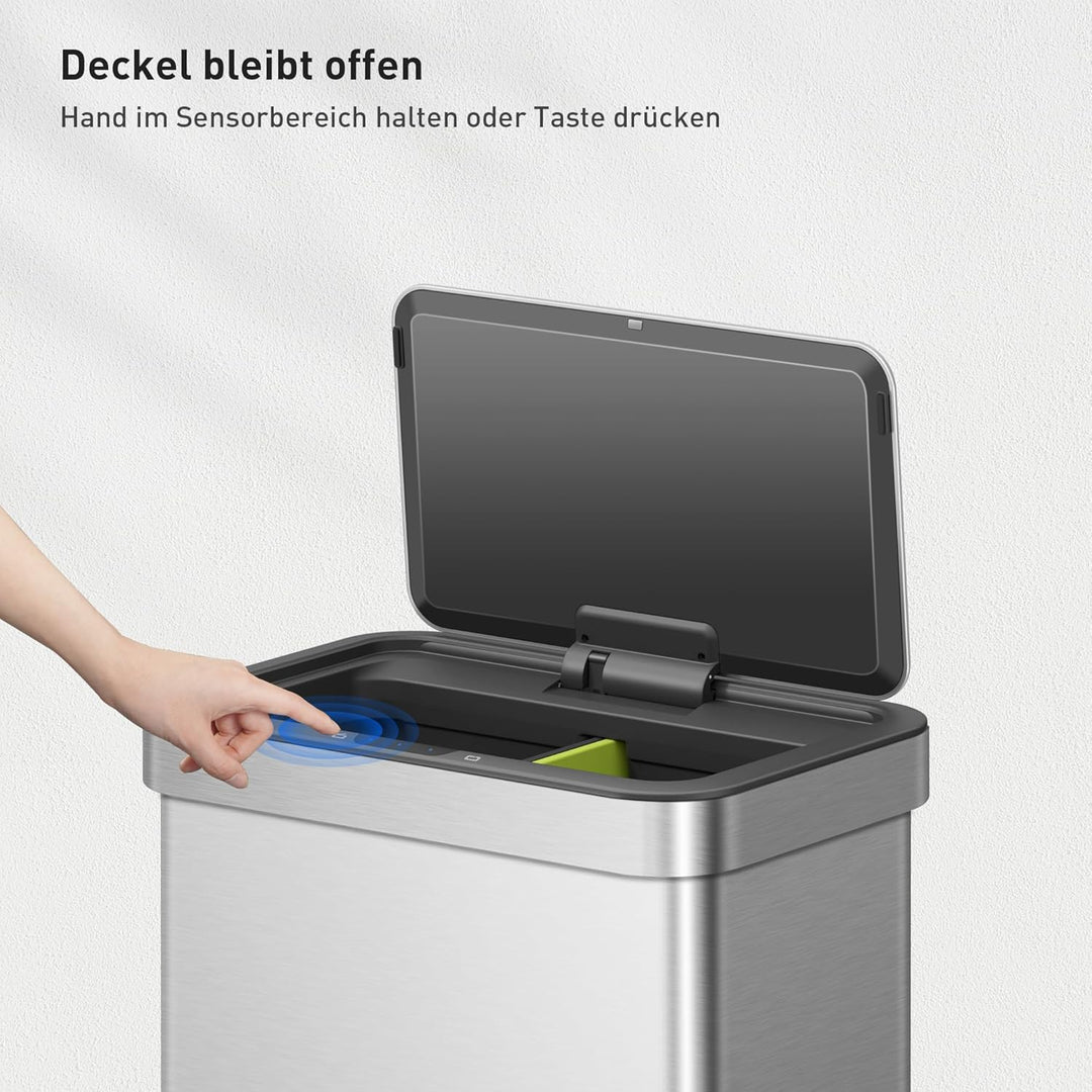 EKO NOVA Mülleimer mit Sensor, Automatischer Mülleimer 2 Fächer 2 x 30L, Abfalleimer Küche, Edelstah
