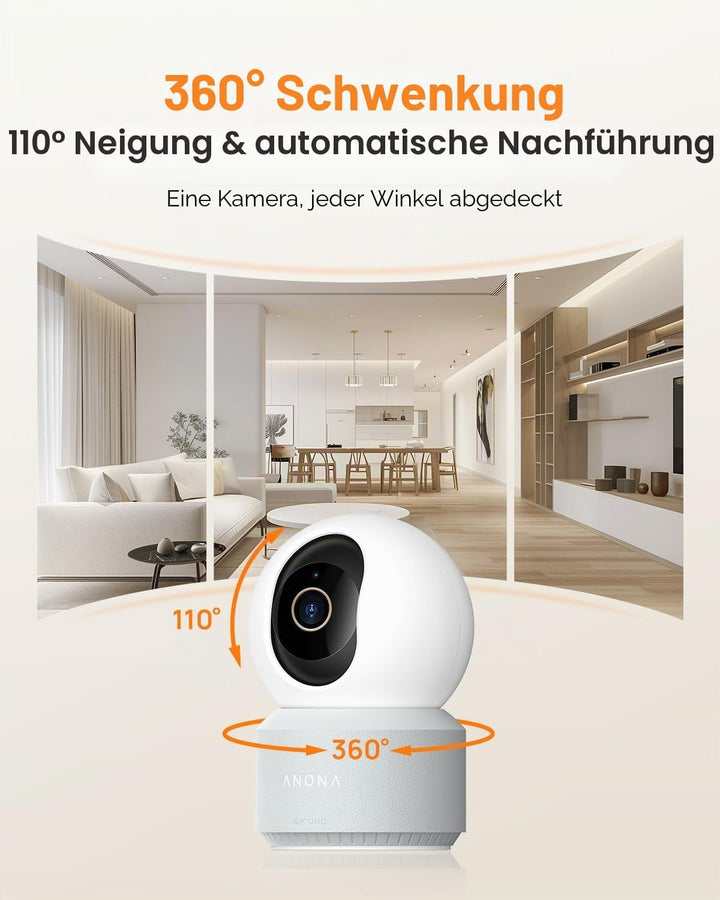 Anona Pano 4K Innenkamera mit 64 GB SD-Karte. Baby-/Haustierüberwachung per App, 360° Schwenk/Neige,